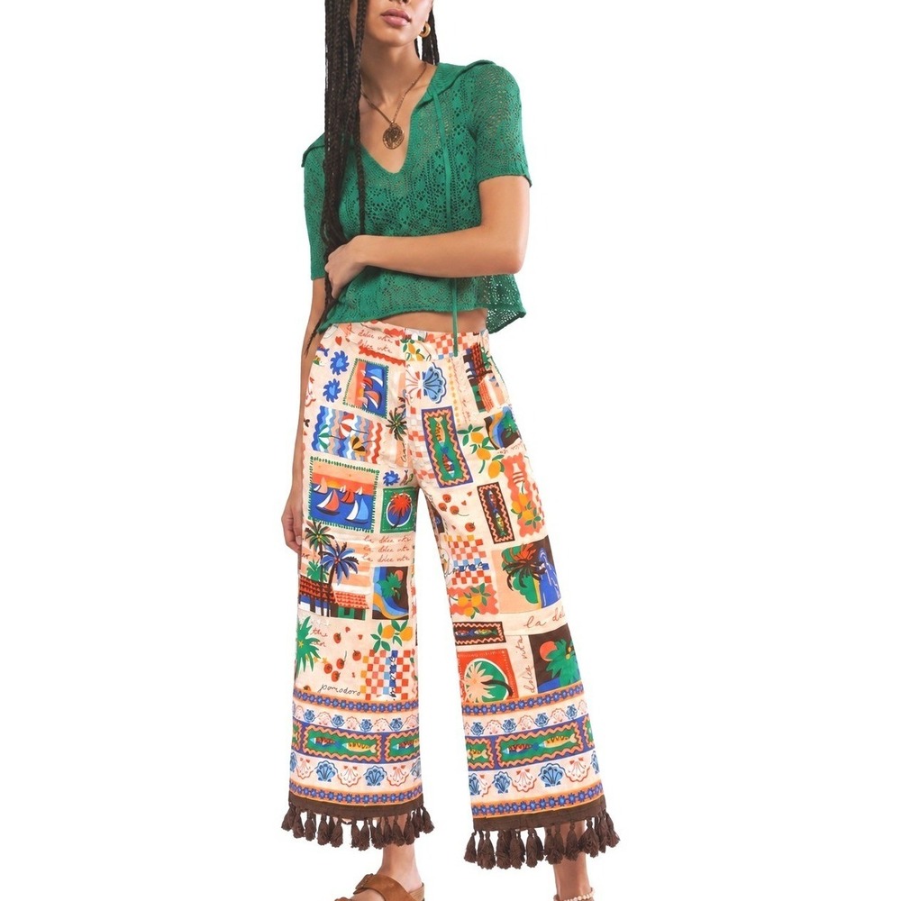 Sugarlips Postcard Print Wide Leg Tassel Fringe Pants Italian Summer Small NEW